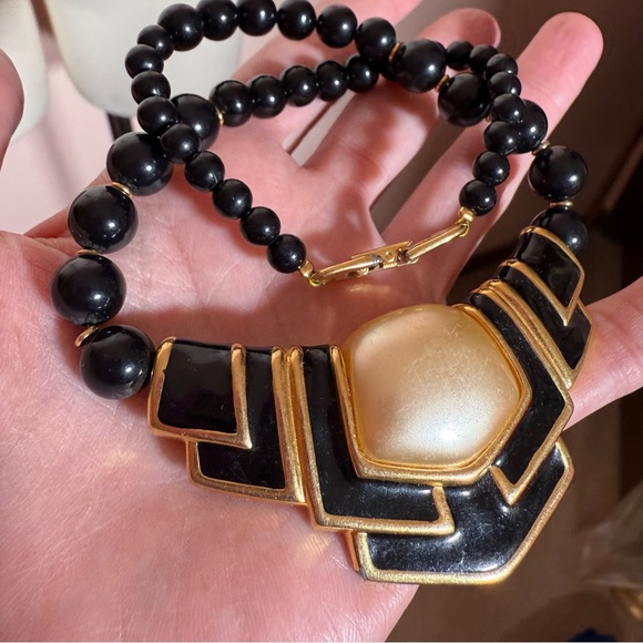 Napier Vintage 1990’s Art deco Black Gold Oversized Pearl choker necklace - Picture 1 of 17